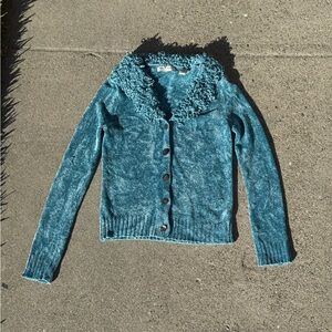 ⋆｡˚✩ Teal Chenille Ruffle Collar Cardigan ✩˚｡⋆